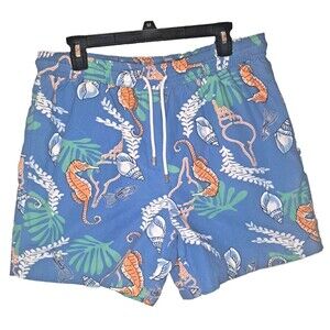 Brooks Brothers Swim Trunks Blue Mens Size M Lined Hawaiian Seahorse Shell